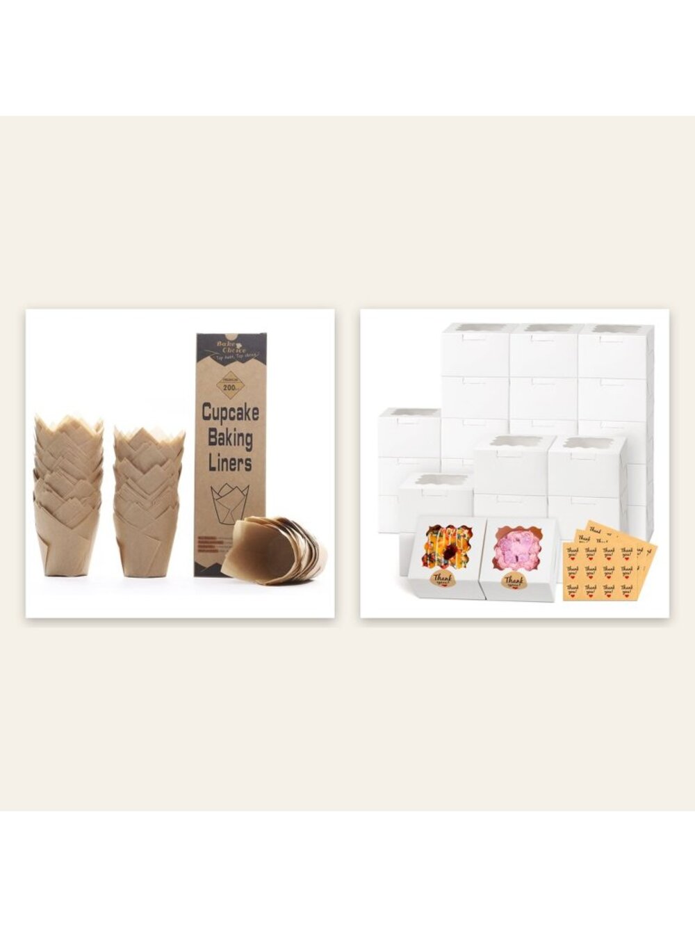Bake & Gift Set 200 Natural Tulip Cupcake Liners + 26 White Window Cookie Boxes